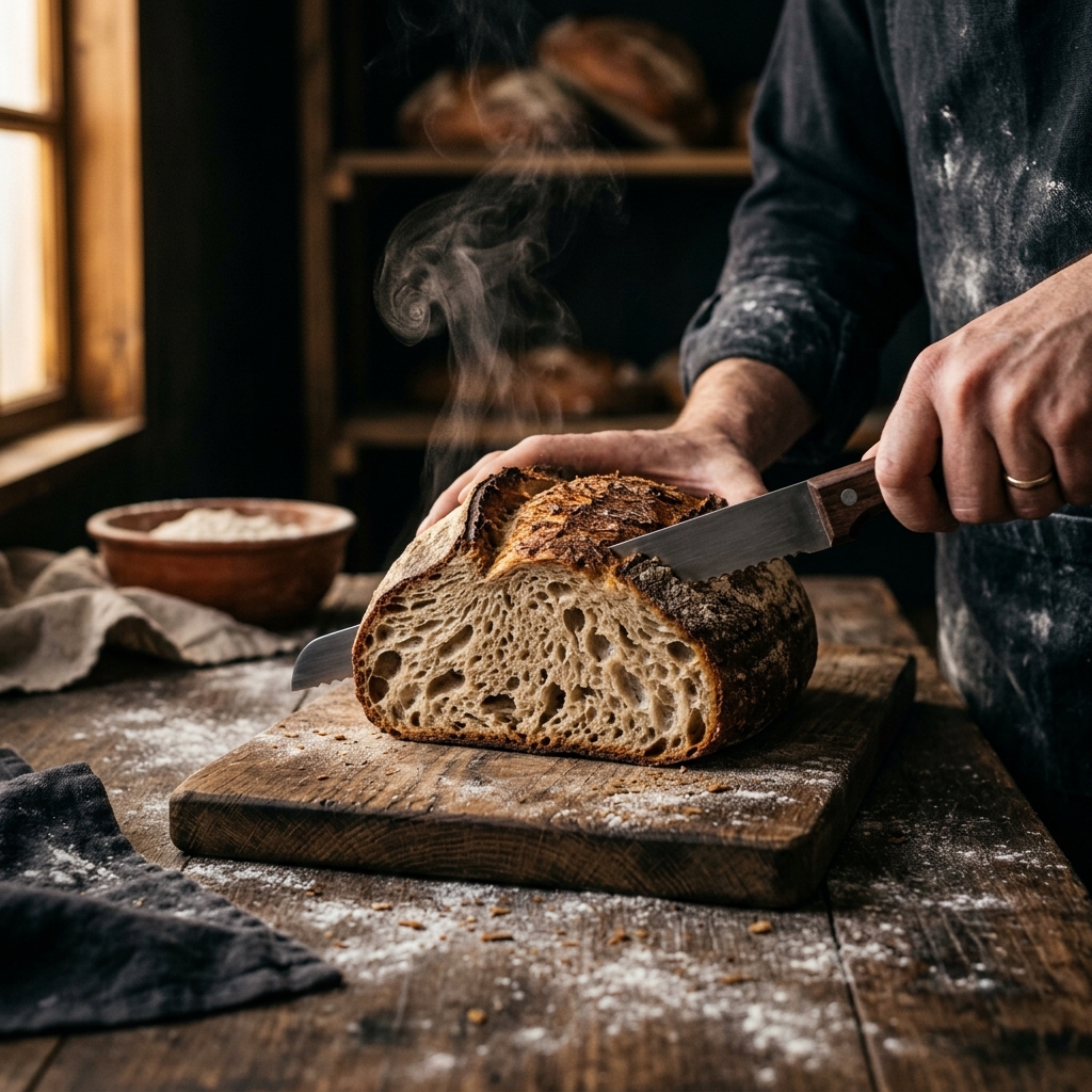 Artisan bread being sliced