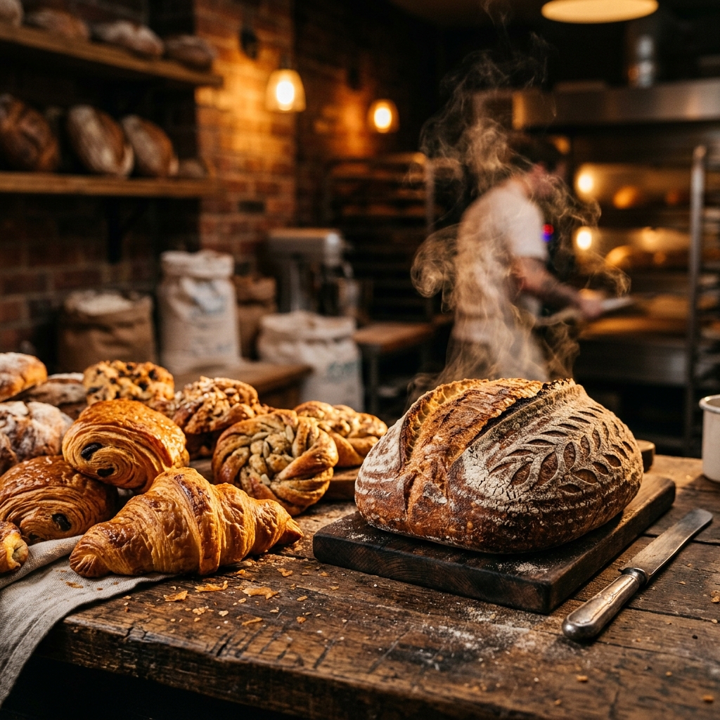 Freshly baked artisan sourdough bread and pastries